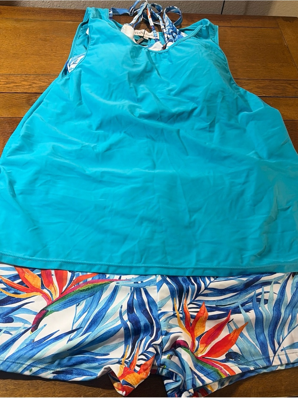 Turquoise Women's Swim Coverup Tankini with Tropical-Print Shorts